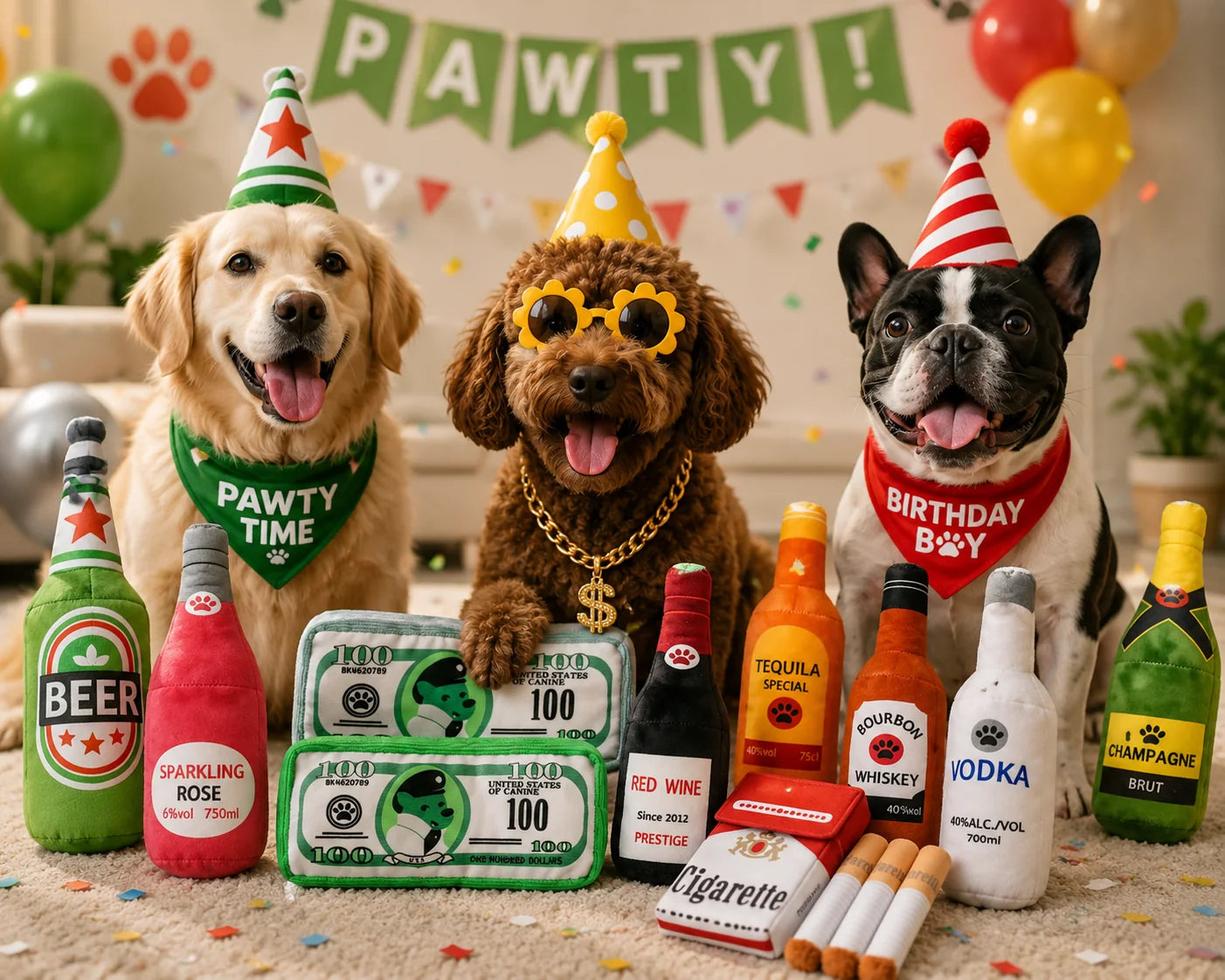 Three dogs in party hats with Degen Dog novelty plush toys
